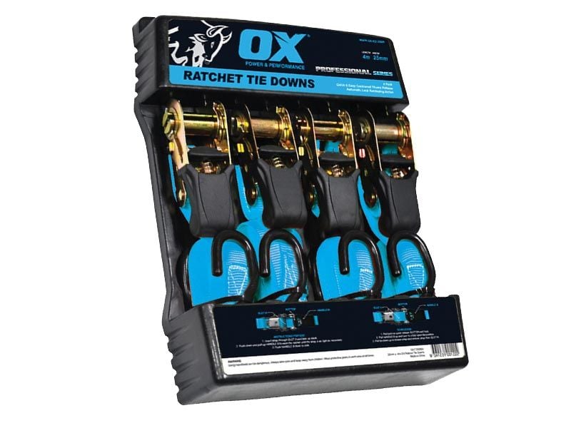 25mm x 4mtr Ox Ratchet Tie Down Strap (4pk)