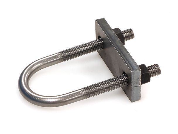 A picture of a bent u-bolt assembled with a square keeper plate and two hex nuts.