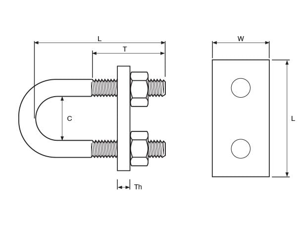 A technical drawing of the splicing u-bolt showing length, width and other key dimensions.