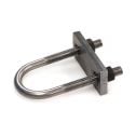 A picture of a bent u-bolt assembled with a square keeper plate and two hex nuts.