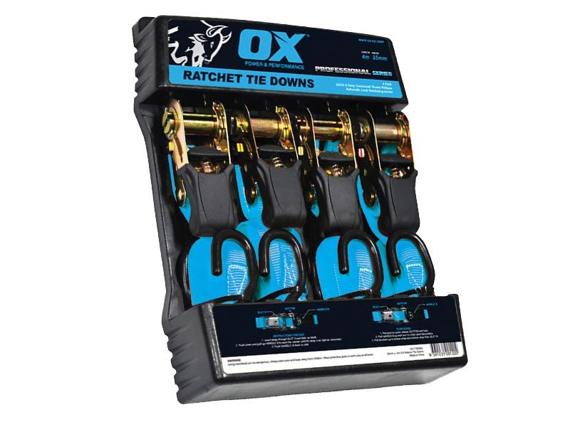 25mm x 4mtr Ox Ratchet Tie Down Strap (4pk)