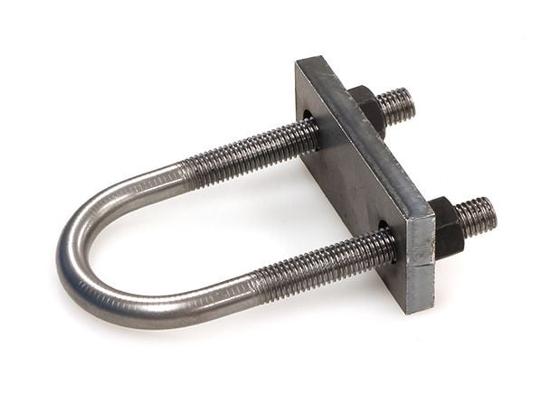 A picture of a bent u-bolt assembled with a square keeper plate and two hex nuts.