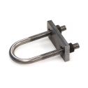 A picture of a bent u-bolt assembled with a square keeper plate and two hex nuts.